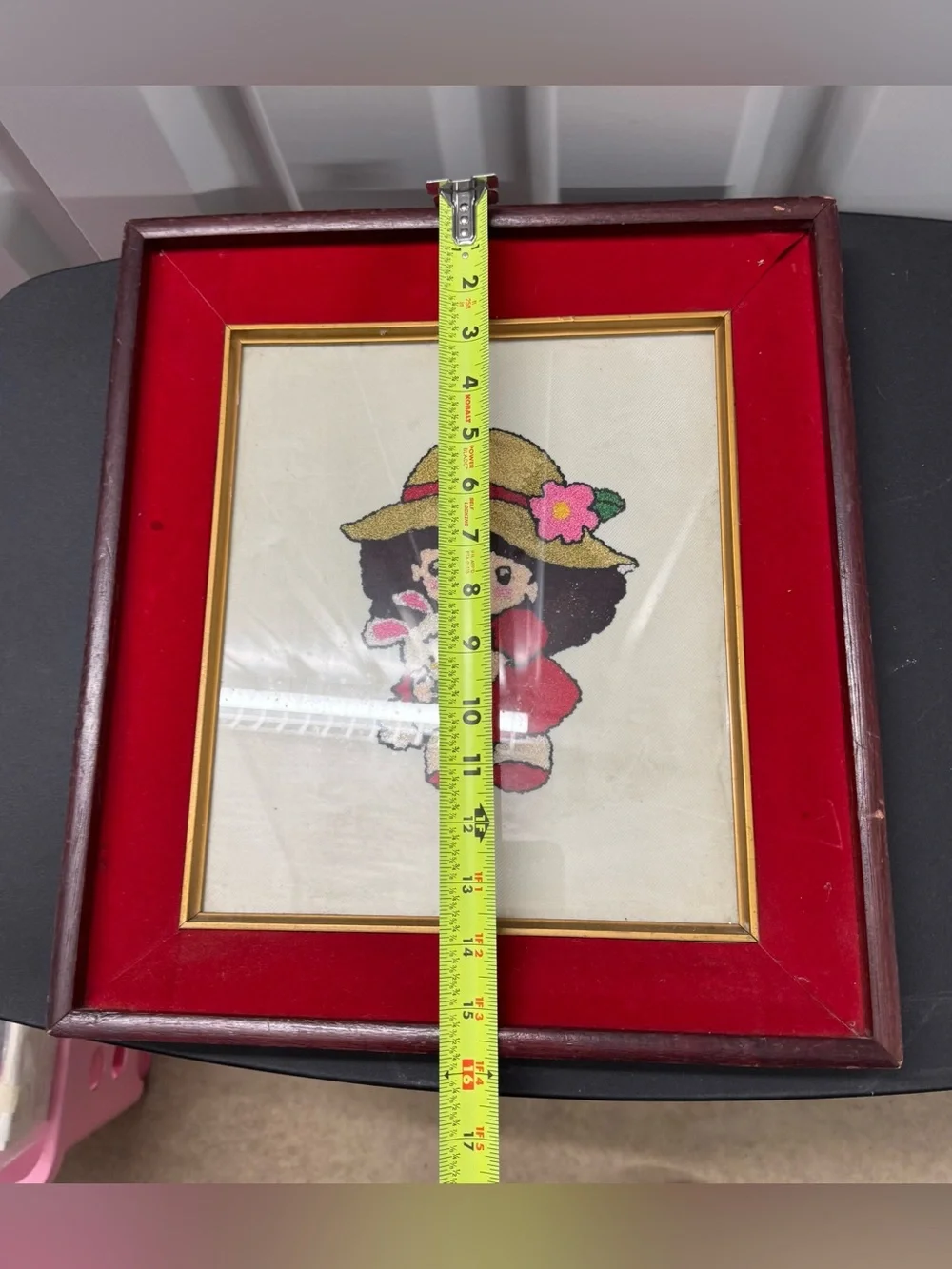 Framed Punch Needle Embroidery Girl with Bunny Red Velvet Frame